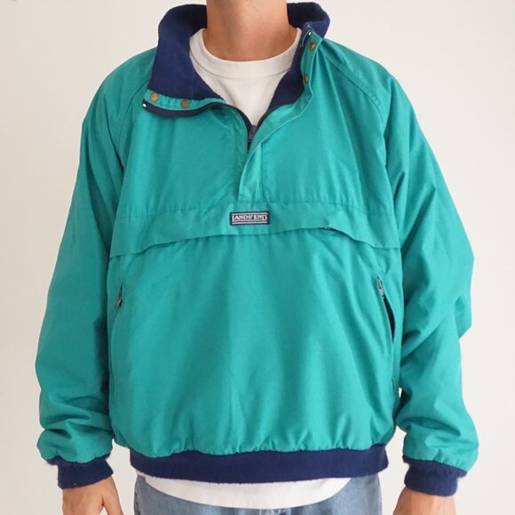 Vintage Lands’ End Teal Nylon Fleece Pullover Anorak 90s Outdoors Old Money Vibe - Picture 2 of 14